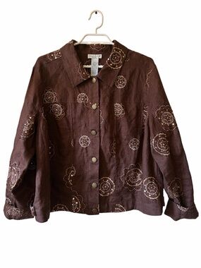 Rosanna Woman 2X 100% Linen Embroidered Shirt Jacket Brown Button Boho Plus Size
